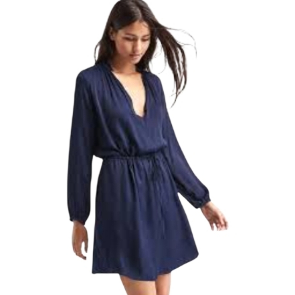 GAP Long Sleeve Navy Blue V-Neck Drawstring Waist Dress
